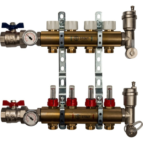 STOUT Коллектор в сборе с расходомерами 4 выхода, латунь