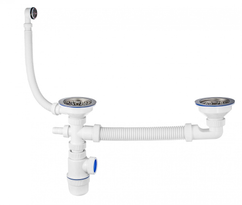 VIRPLAST Сифон "Элит" для двойной мойки с отводом для стиральной машины и переливом