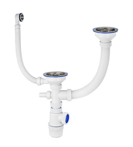 VIRPLAST Сифон "Элит" с нержавеющими чашками, выпусками, отводом и переливом для разноуровневой мойки