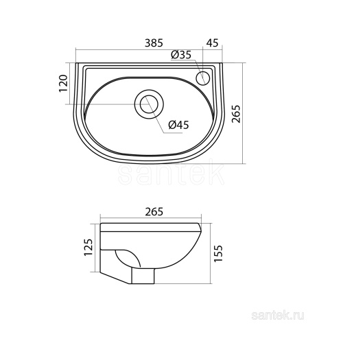 SANTEK Раковина Бриз отверстие под смеситель справа, 40 см
