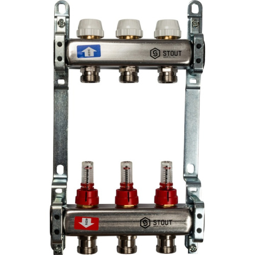 STOUT Коллектор с расходомерами 3 выхода, нержавеющая сталь