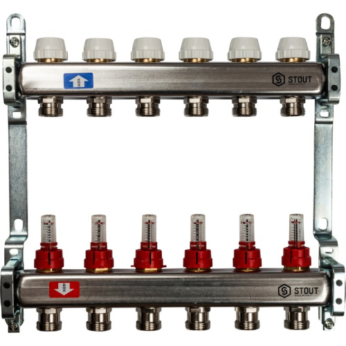 STOUT Коллектор с расходомерами 6 выходов, нержавеющая сталь