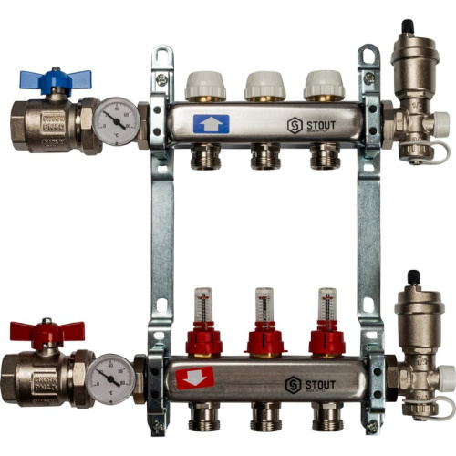 STOUT Коллектор в сборе с расходомерами 3 выхода, нержавеющая сталь