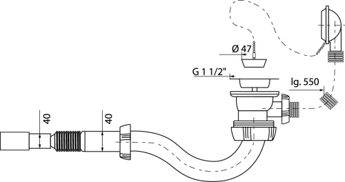 WIRQUIN Слив-перелив 1 1/2" с "S-образным" сифоном, пробкой и гофротрубой