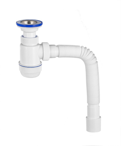 VIRPLAST Сифон "МИНИ Элит" 1 1/2"х40/50 с нержавеющей чашкой  Ø70мм гибкой тубой и с литым выпуском
