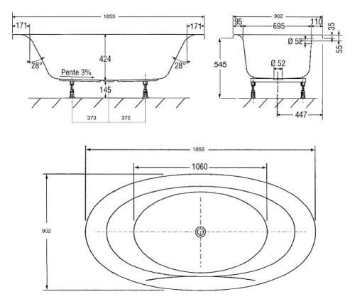 JACOB DELAFON  Ванна PRESQUILE с регулируемыми ножками 185*90