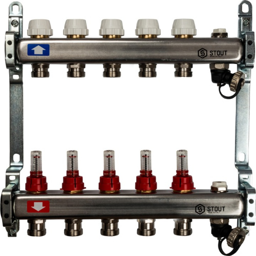 STOUT Коллектор с расходомерами, выпускным клапаном и сливом 5 выходов, нержавеющая сталь