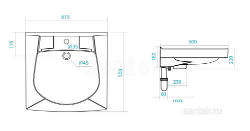 SANTEK Раковина Пилот, 50 см (кронштейн,крепеж,сифон )