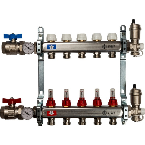 STOUT Коллектор в сборе с расходомерами 5 выходов, нержавеющая сталь