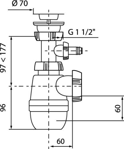 WIRQUIN Сифон "МИНОР" 1 1/2"х40 с нержавеющей чашкой 70мм и отводом для стиральной манины