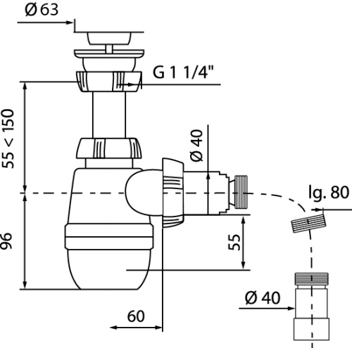 WIRQUIN Сифон «МИНОР» с нержавеющей чашкой, с отводом и с гофротрубой (L800 мм)
