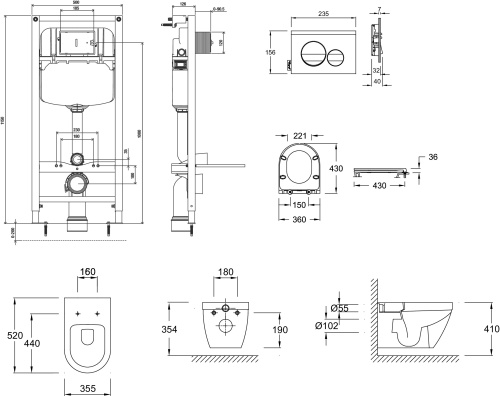 JACOB DELAFON  Комплект RODIN+ с подвесным унитазом, инсталляцией, чёрной клавишей и сиденьем микролифт