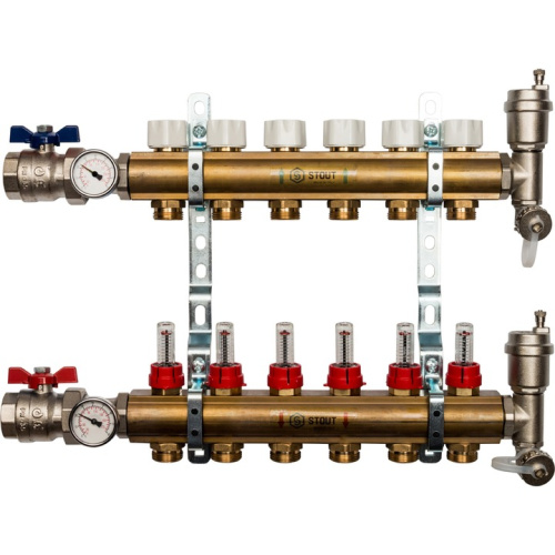 STOUT Коллектор в сборе с расходомерами 6 выходов, латунь