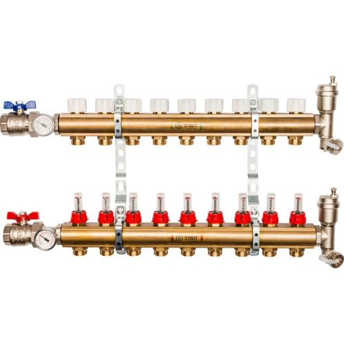 STOUT Коллектор в сборе с расходомерами 9 выходов, латунь
